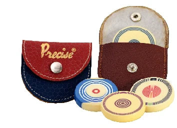 Precise pool ball carrom board strikers displayed next to leather buttoned protective pouch cases