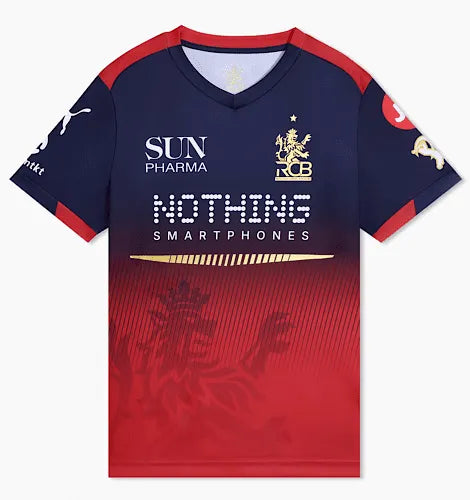 Front view of a navy blue and red RCB cricket jersey with the team crest and sponsor logos.
