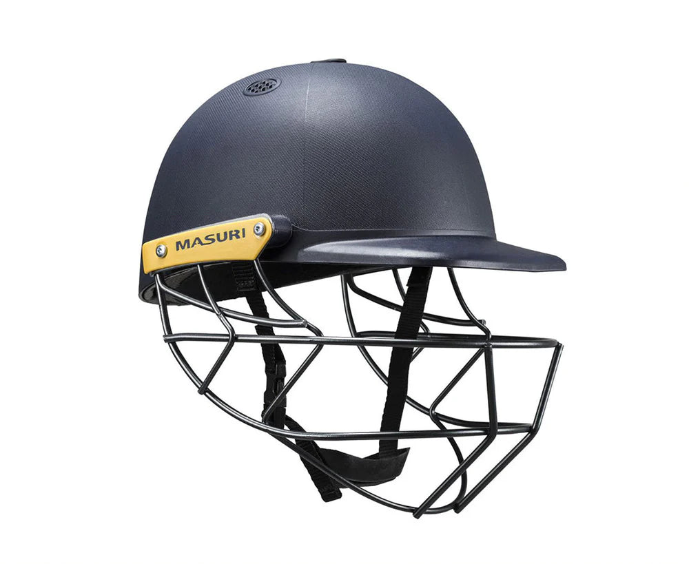 Masuri C-Line cricket helmet in navy blue with a protective steel grille.