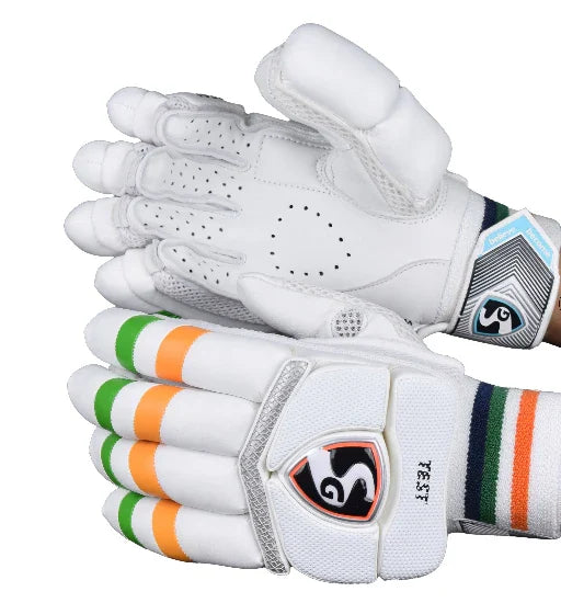 SG Test Indian Player Edition cricket batting gloves pair showing tri-colour green and orange finger bars with white palm grip.