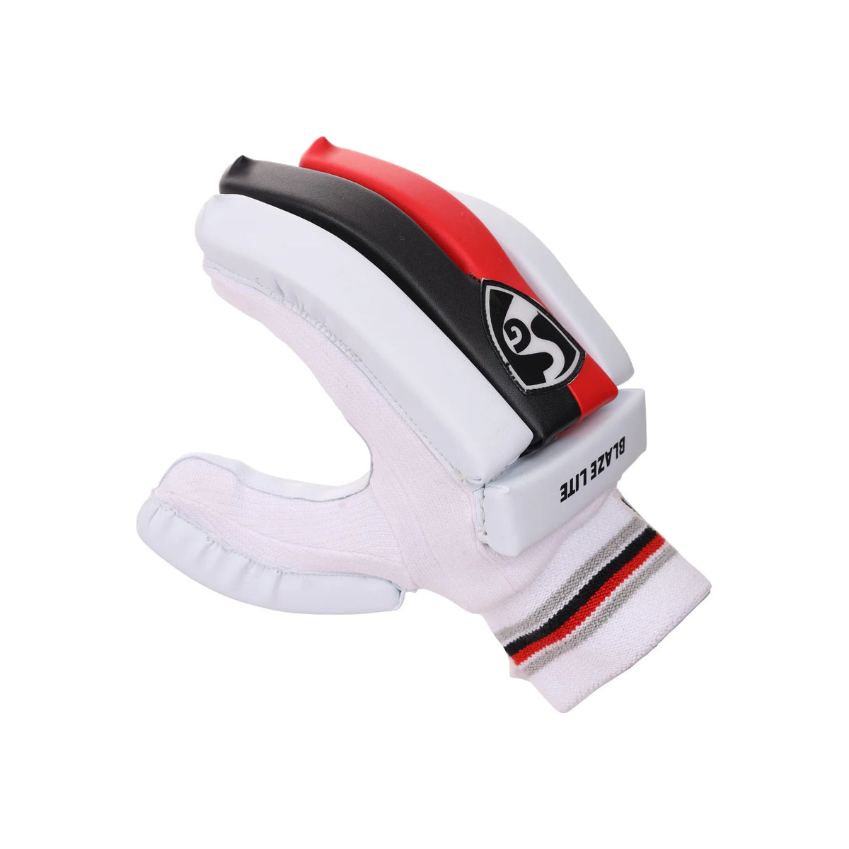 Angled backhand view of a white SG Blaze Lite junior batting glove with red and black finger panels.