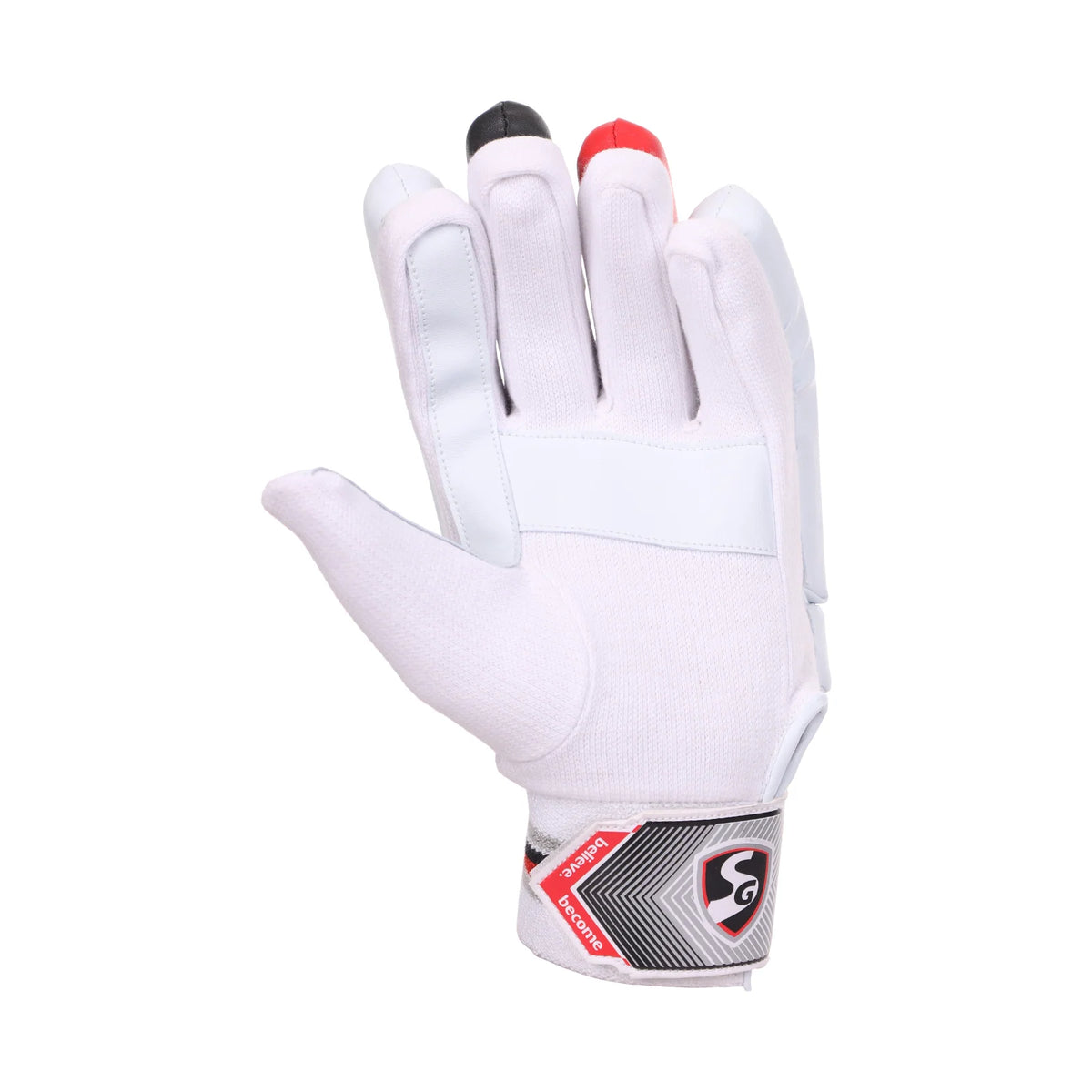 Straight palm view of a white SG Blaze Lite junior batting glove with an SG wrist strap.