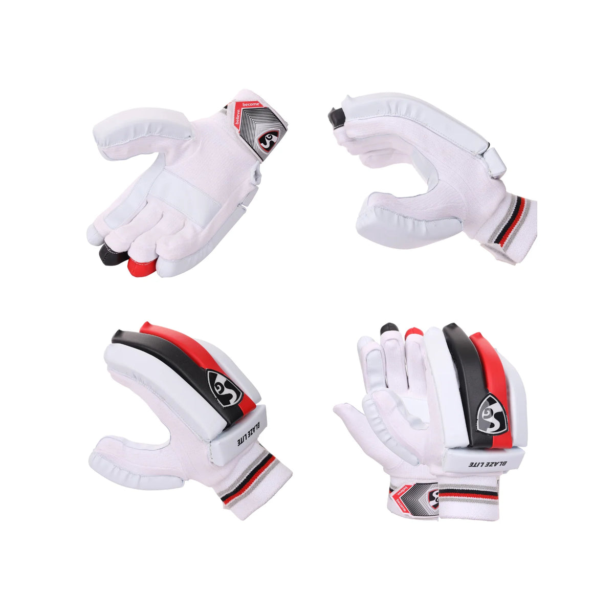 Four views of white SG Blaze Lite junior batting gloves with red and black finger panels.