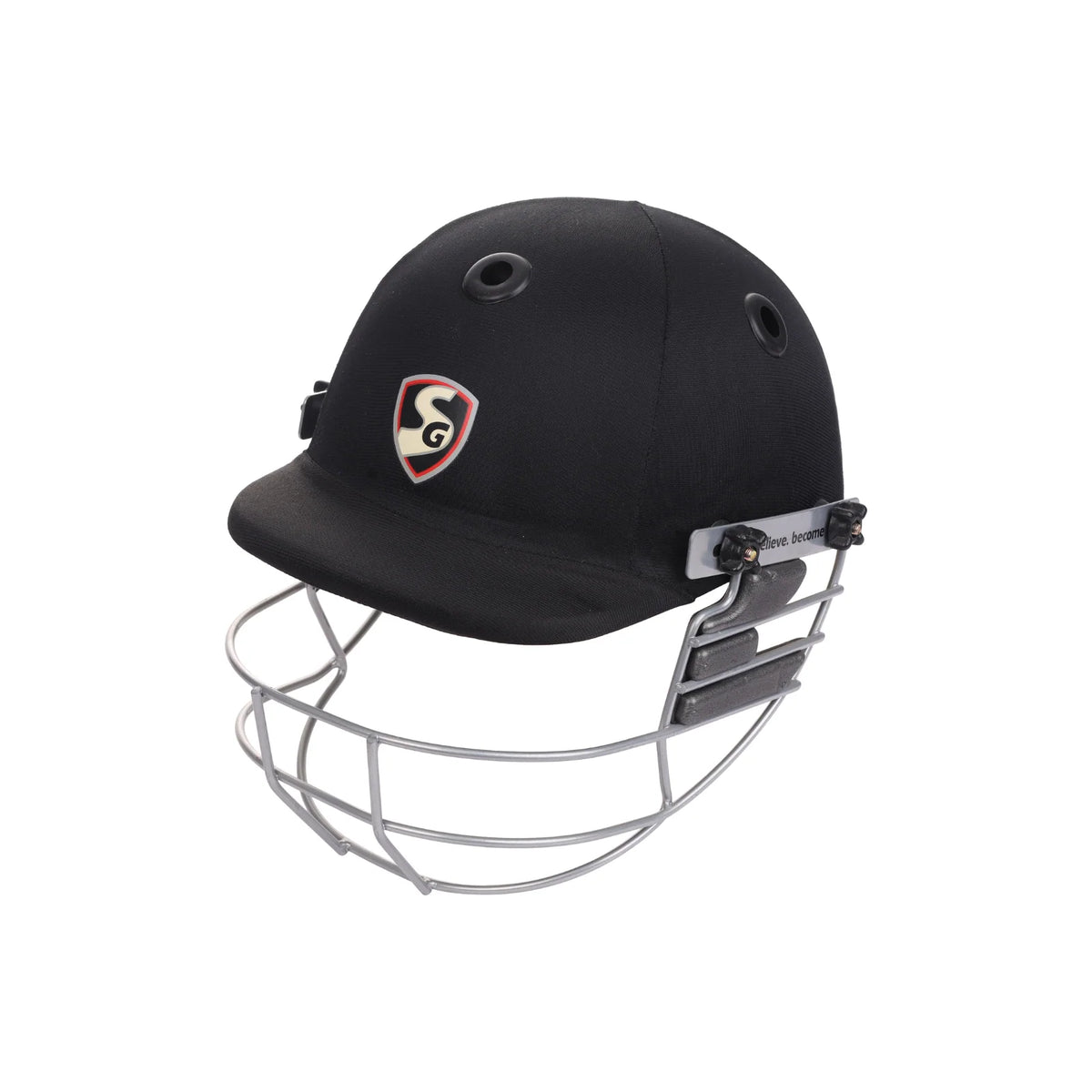 Three-quarter angle view of the black SG Blazetech cricket helmet with silver visor grill showing ventilation holes and shield logo.