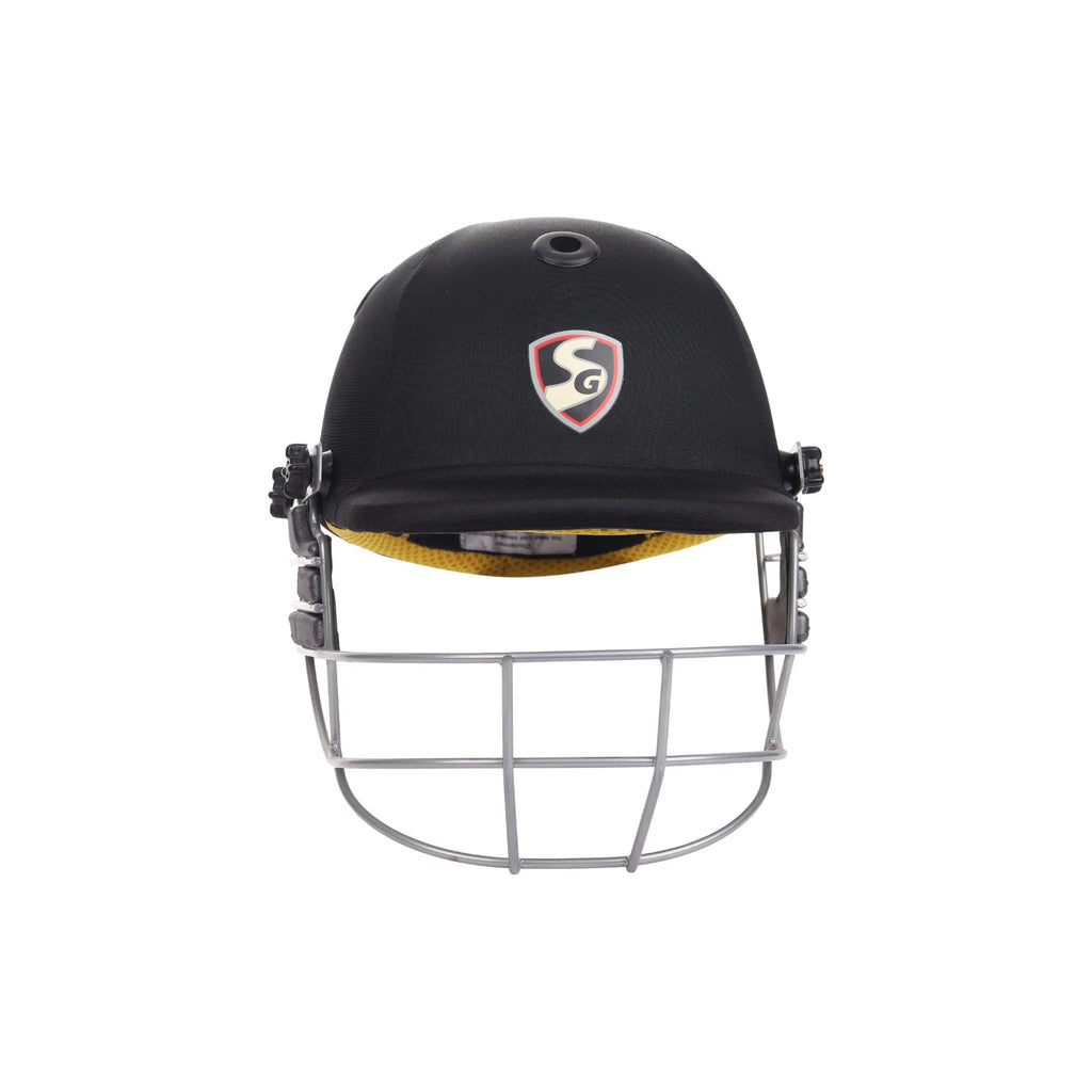 Front view of the black SG Blazetech cricket helmet with an SG shield logo and silver faceguard.