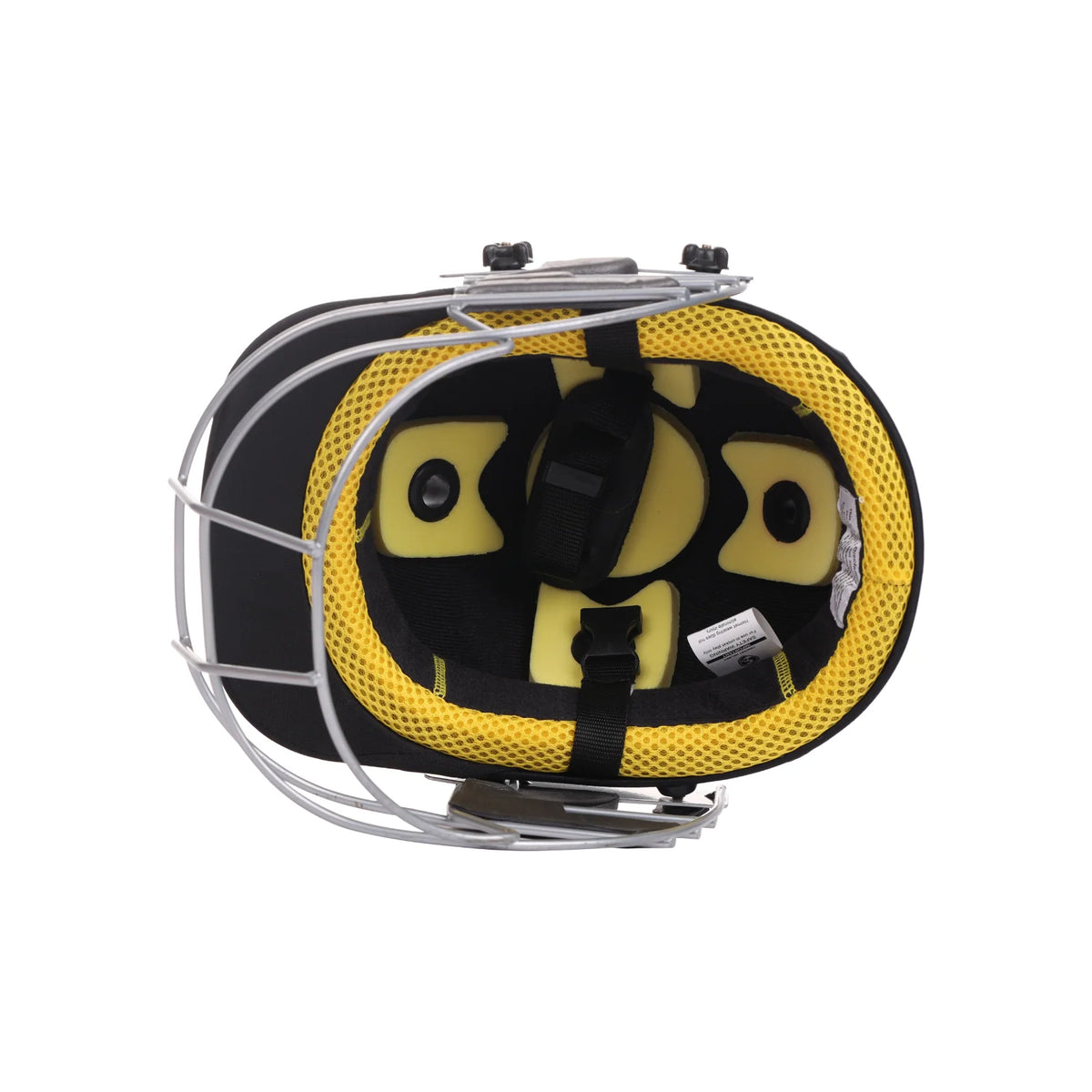 Interior view of the black SG Blazetech cricket helmet showing yellow padding, chin straps and silver faceguard.