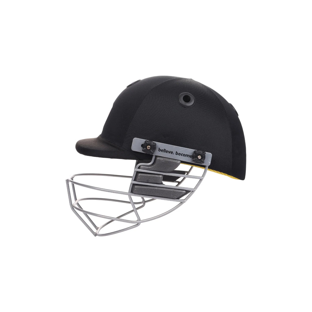 Side view of the black SG Blazetech cricket helmet displaying its ergonomic ear guards and adjustable steel grill attachment.