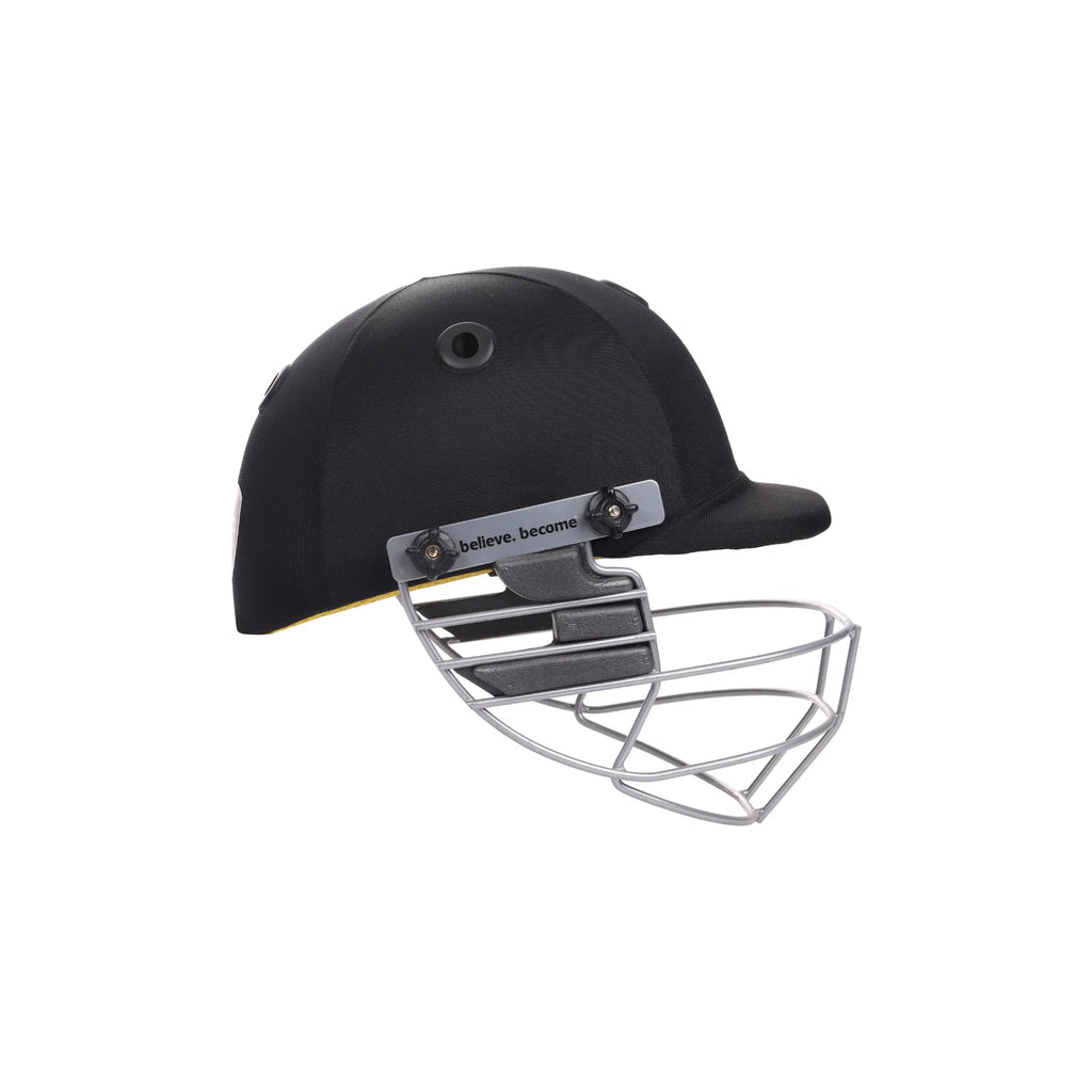 Side profile of the black SG Blazetech cricket helmet showing the silver faceguard and side attachment points.