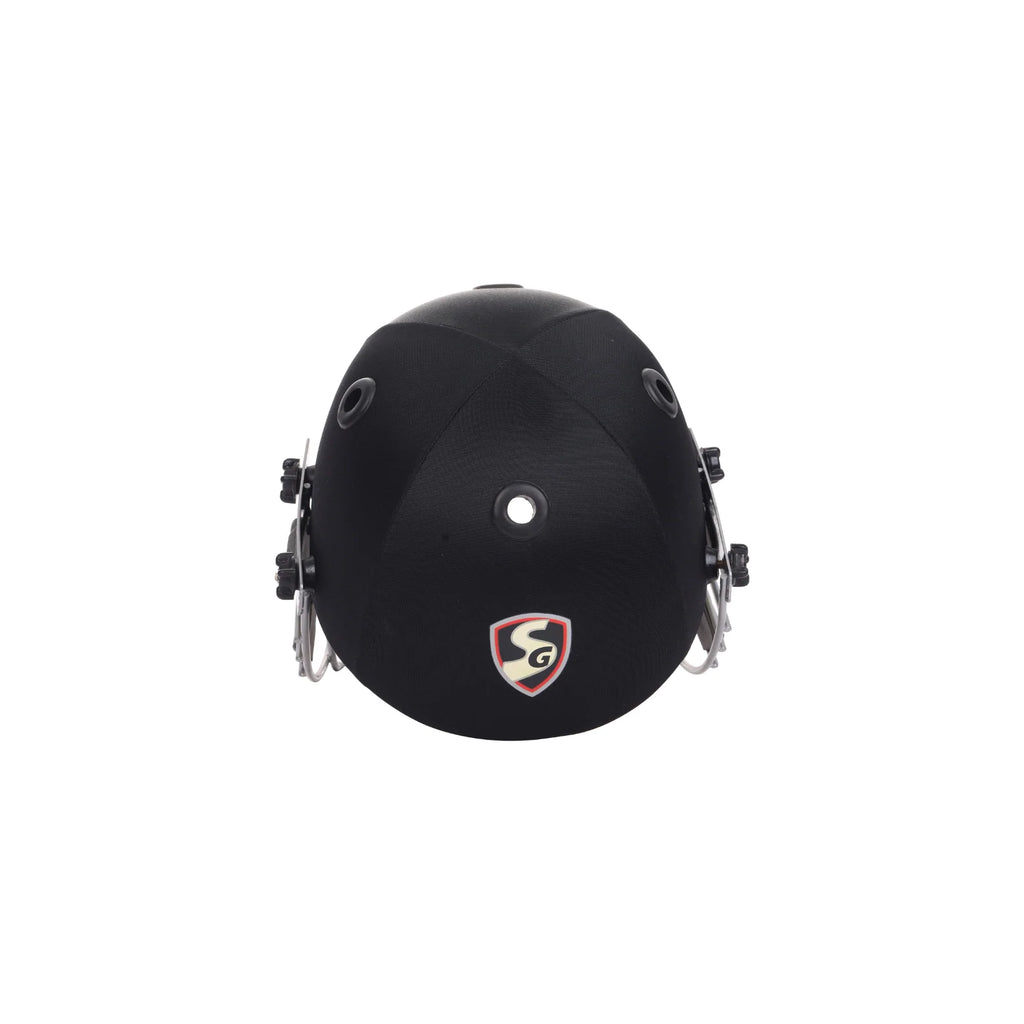 Top-down view of the black SG Blazetech cricket helmet highlighting multiple ventilation holes and the shield logo on the front peak.