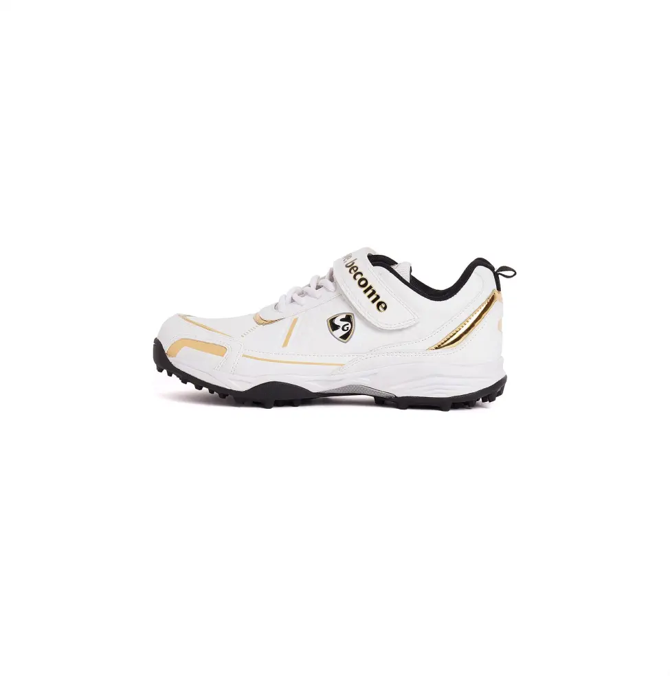 Side profile view of SG Century cricket shoe in white with gold and black details featuring a midfoot power strap and rear heel pull tab