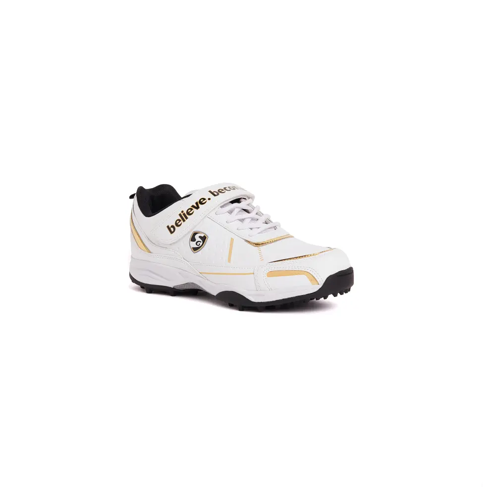 Side profile view of the SG Century cricket shoe in white with gold and black accents featuring a midfoot velcro strap