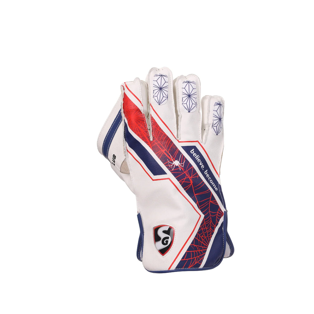 Single glove backhand view of SG Club Wicket Keeping Gloves Junior showing white, blue, and red graphics with the SG logo.