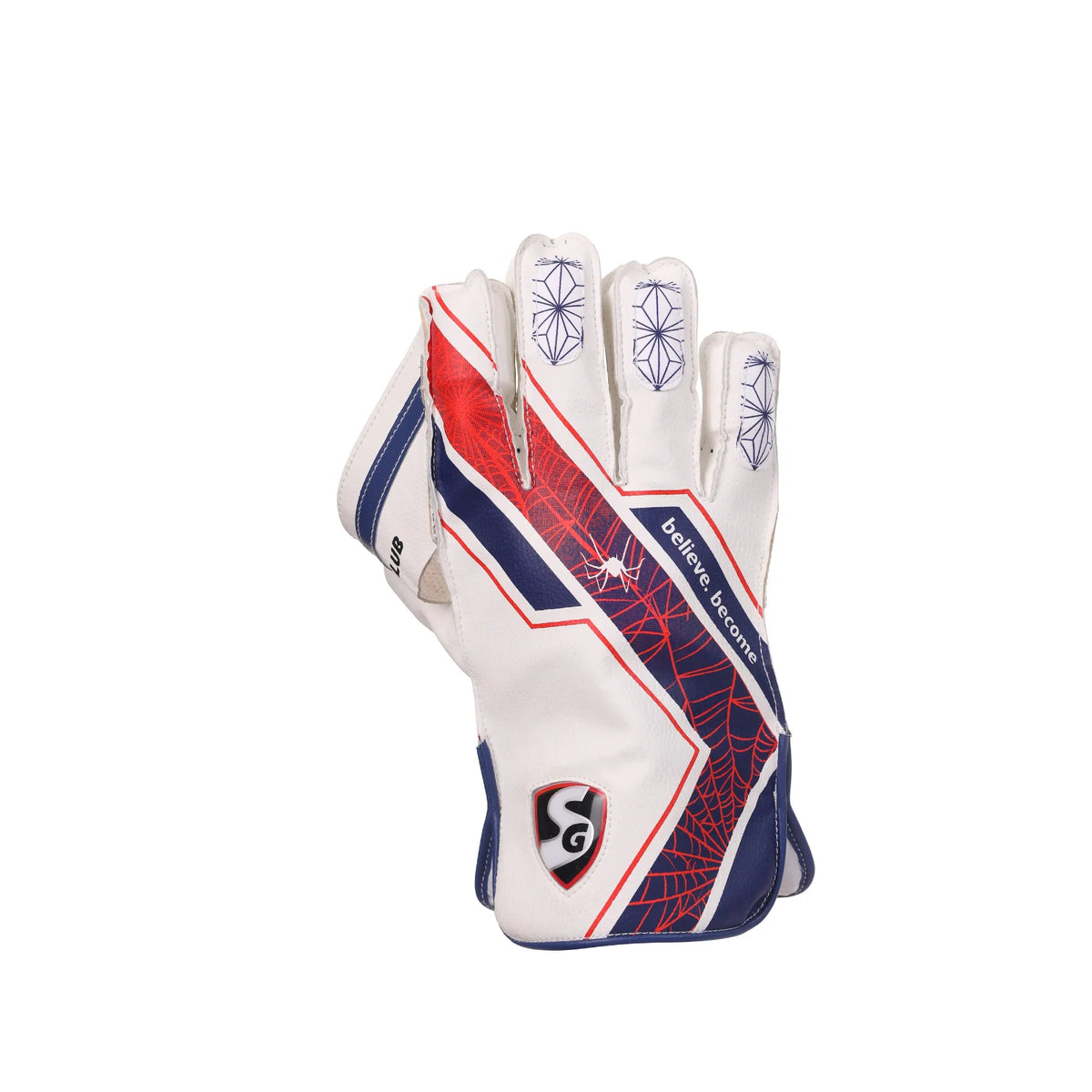 Single glove backhand view of SG Club Wicket Keeping Gloves Junior showing white, blue, and red graphics with the SG logo.