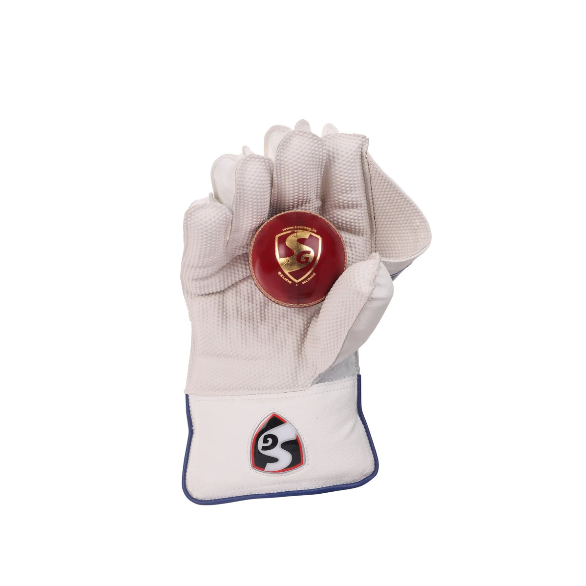 Palm view of a white SG Club junior wicket keeping glove holding a red cricket ball.