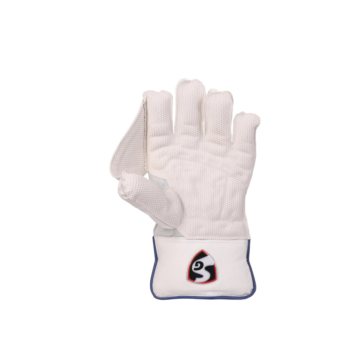 White textured palm of an SG Club junior wicket keeping glove with an SG logo on the cuff.