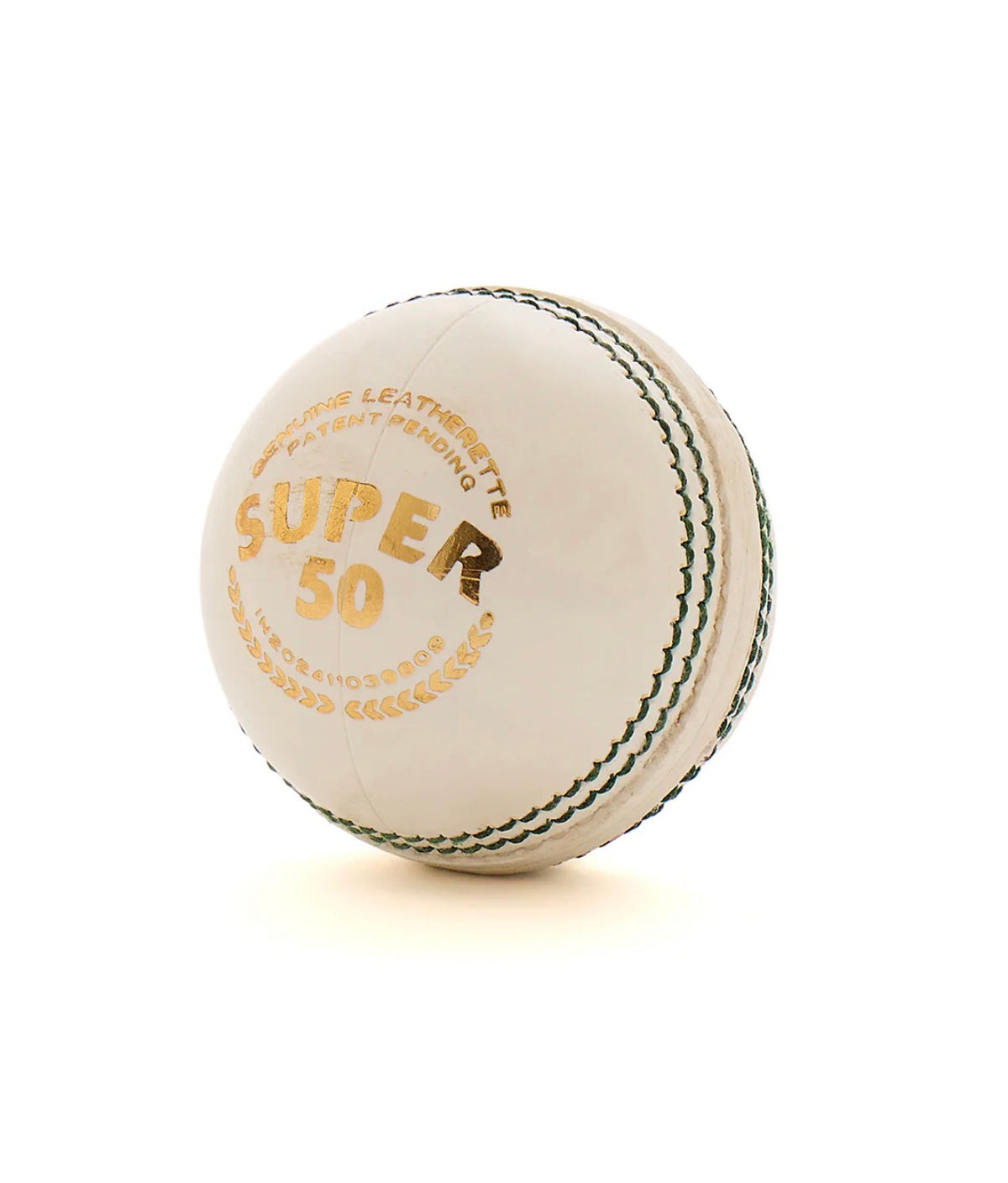 White SG Super 50 cricket ball with gold lettering and a stitched seam.