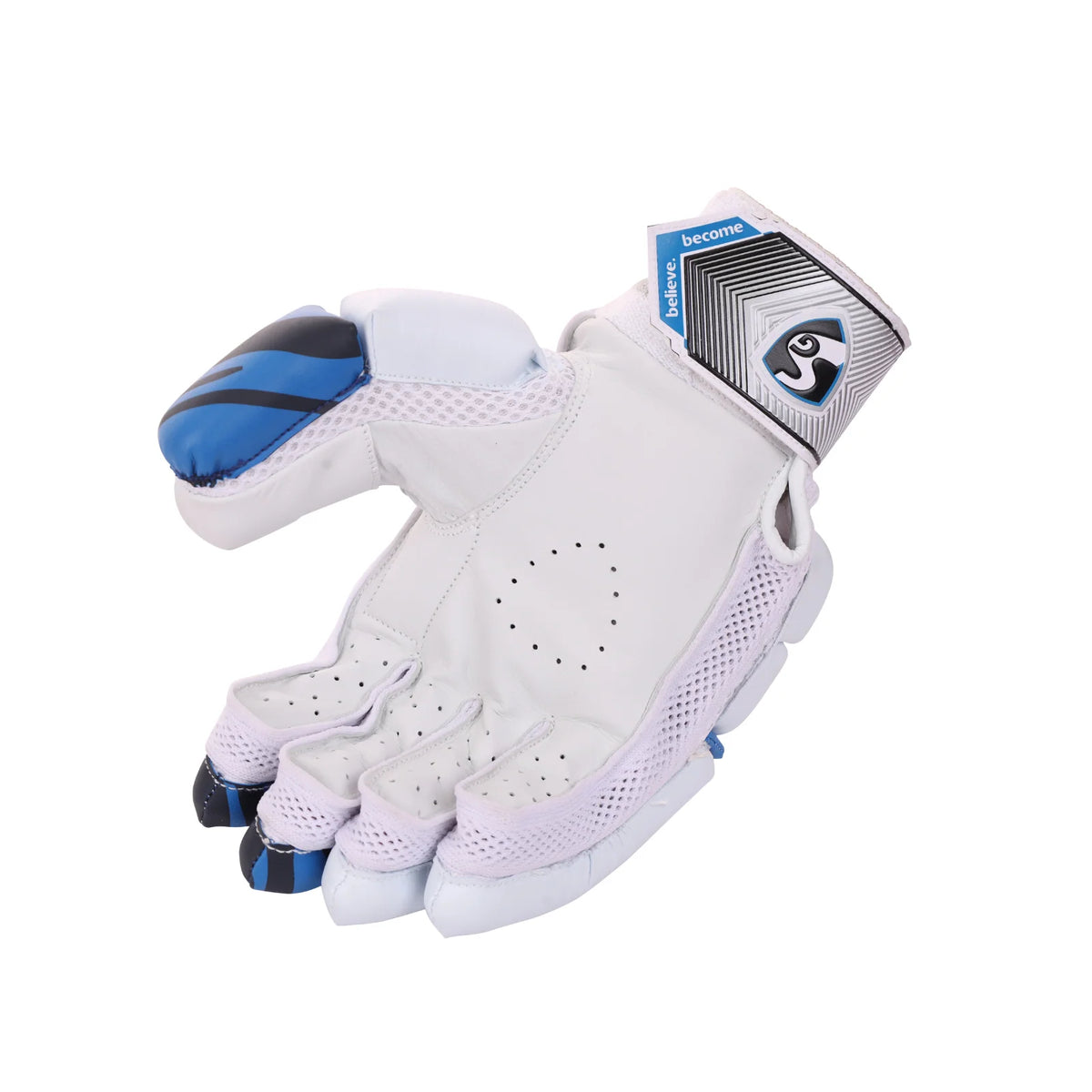 Open palm view of a blue and white SG Super Club youth batting glove with an SG wrist strap.