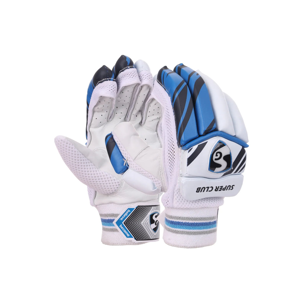 Blue and white SG Super Club youth batting gloves showing the palm and backhand side by side.