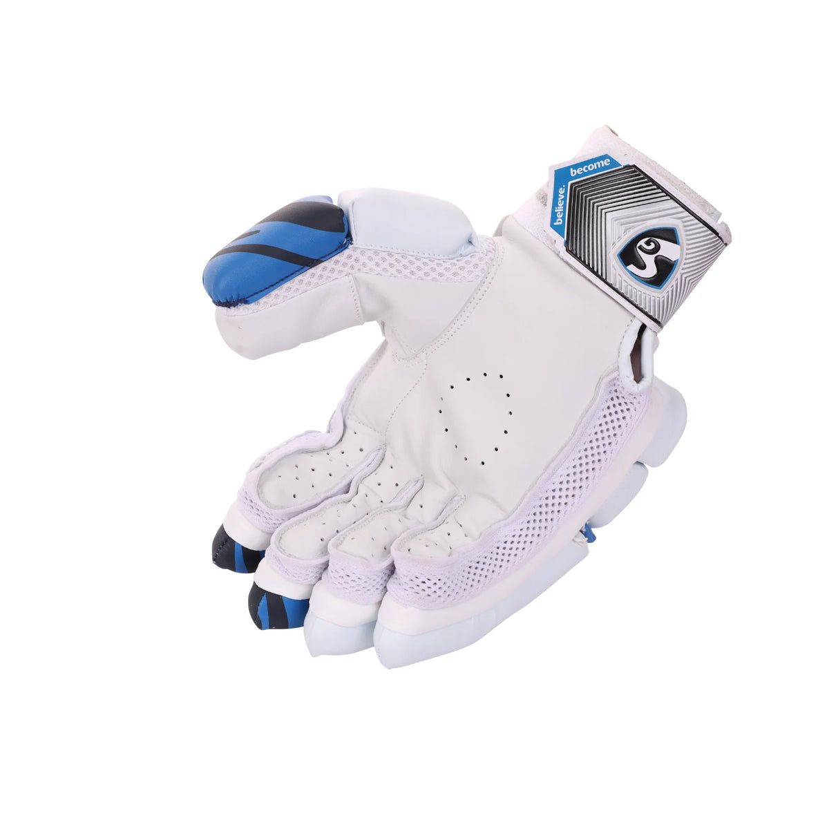 Open palm view of a blue and white SG Super League batting glove with perforations and an SG wrist strap.