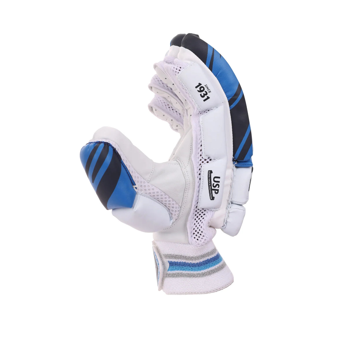 Thumb-side view of a blue and white SG Super League batting glove showing the side padding and cuff.