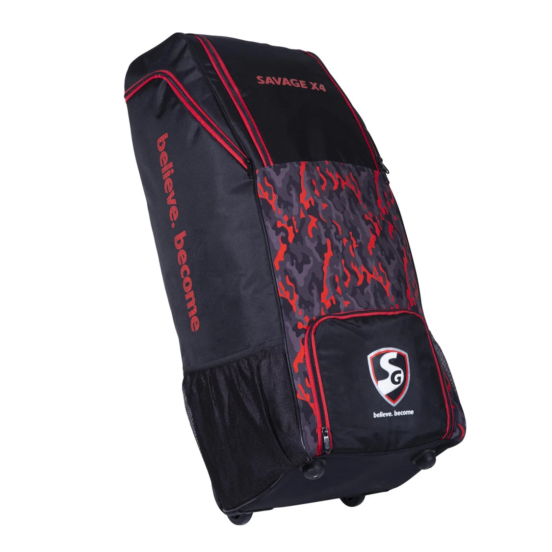 Side profile view of SG Savage X4 duffle wheelie cricket bag featuring side zippered bat pockets and wheels on Alberta.