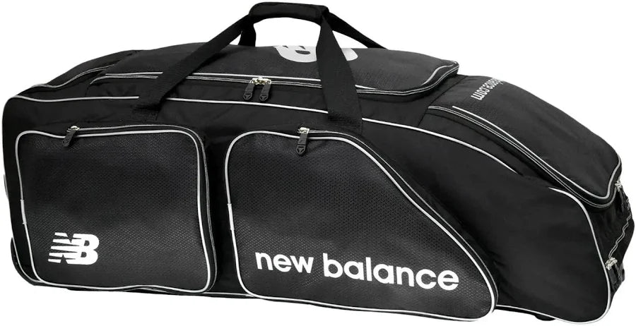 Black and white New Balance 12i PRO wheelie cricket kit bag with zipped side compartments