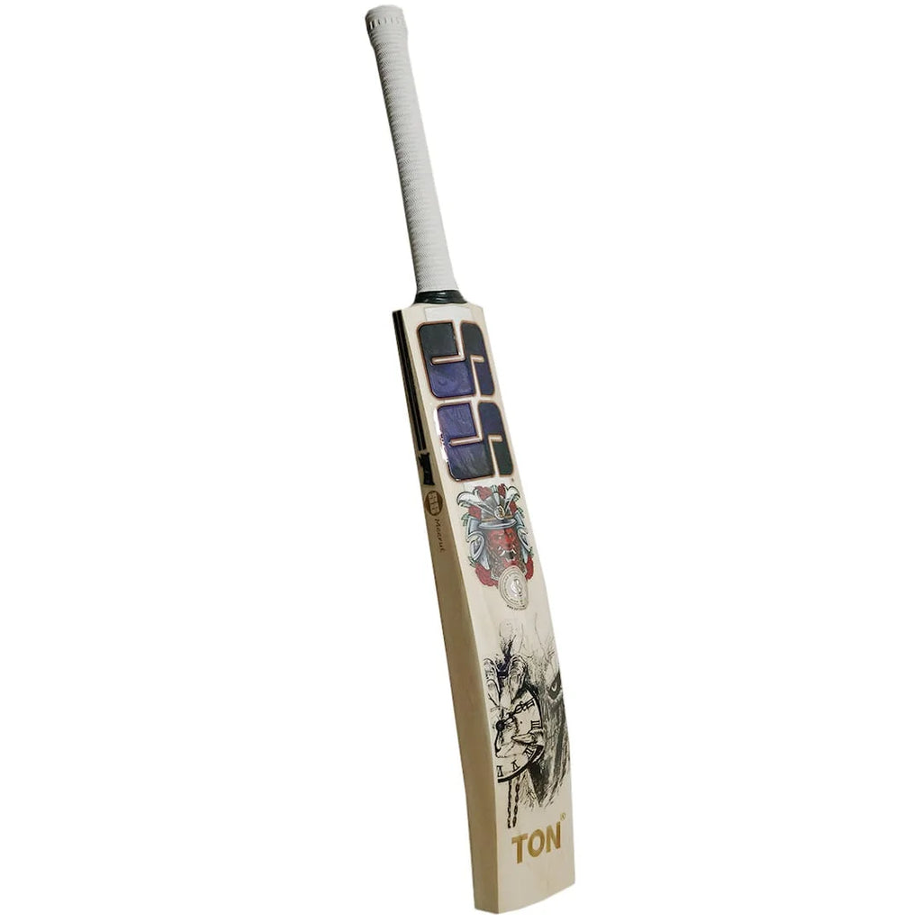 Angled back view of an SS Devils Blue cricket bat with blue SS branding, illustrated graphics and a white grip.