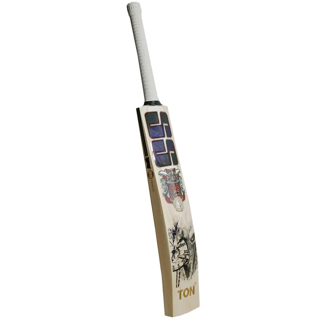 Angled back view of an SS Devils Blue cricket bat with blue SS branding, illustrated graphics and a white grip.