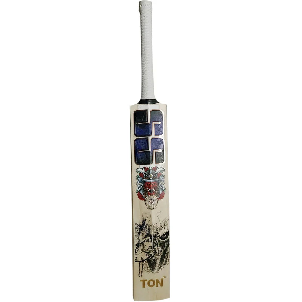 Full back view of an SS Devils Blue cricket bat with blue SS branding, illustrated graphics and a gold TON logo.