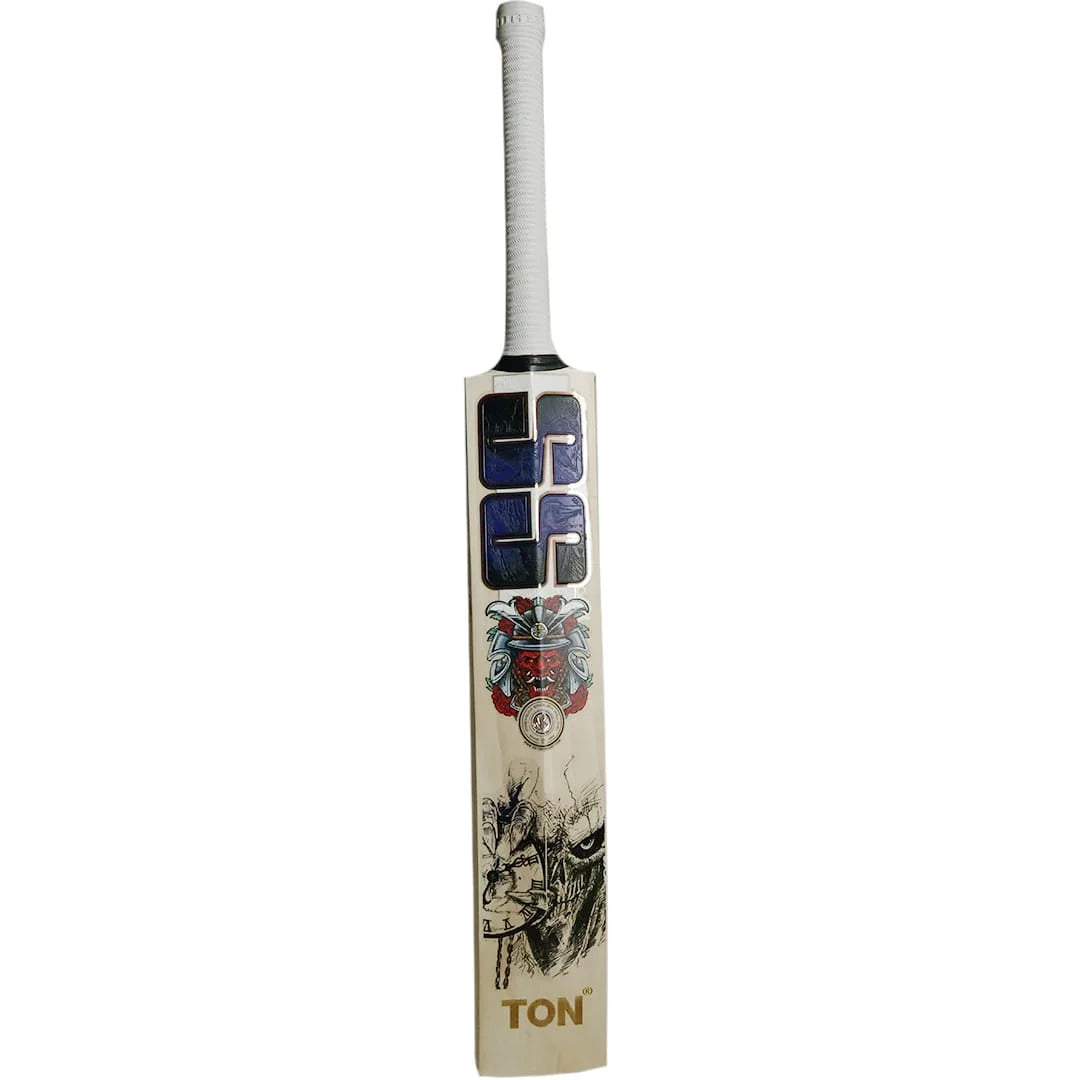 Full back view of an SS Devils Blue cricket bat with blue SS branding, illustrated graphics and a gold TON logo.