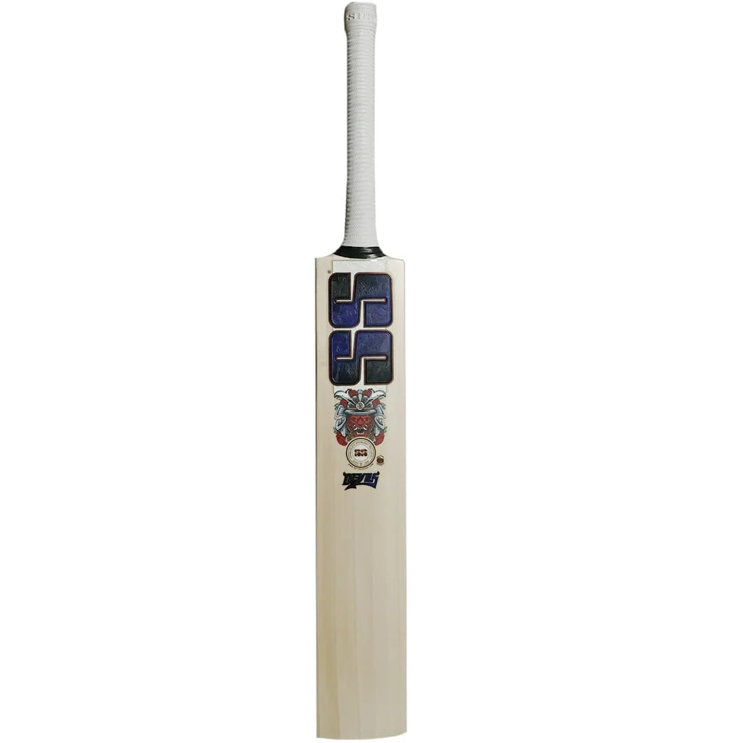 Full front view of an SS Devils Blue cricket bat with blue SS branding, a devil graphic and a white grip.