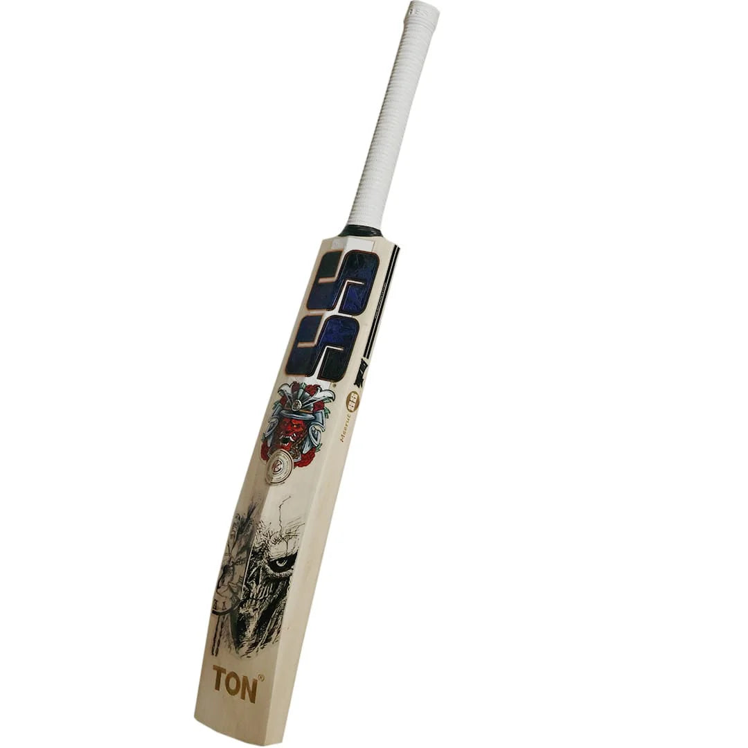 Opposite angled back view of an SS Devils Blue cricket bat with blue SS branding, illustrated graphics and a white grip.