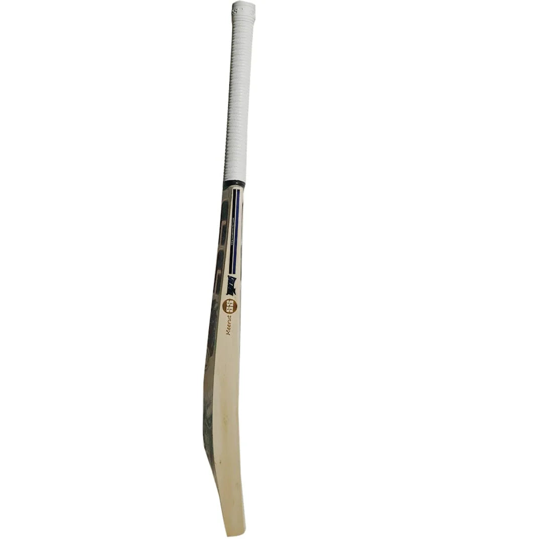 Opposite side profile of an SS Devils Blue cricket bat showing its blade shape and white grip.