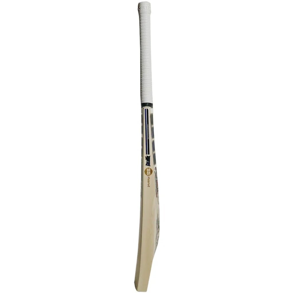 Side profile of an SS Devils Blue cricket bat showing the curved blade and white grip.