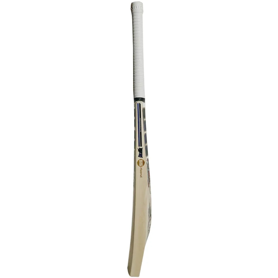Side profile of an SS Devils Blue cricket bat showing the curved blade and white grip.