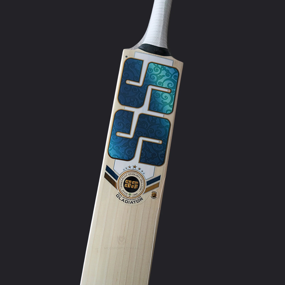 SS GG Smacker Blaster English Willow Cricket Bat back spine and diagonal profile with blue decals at Alberta Cricket Store