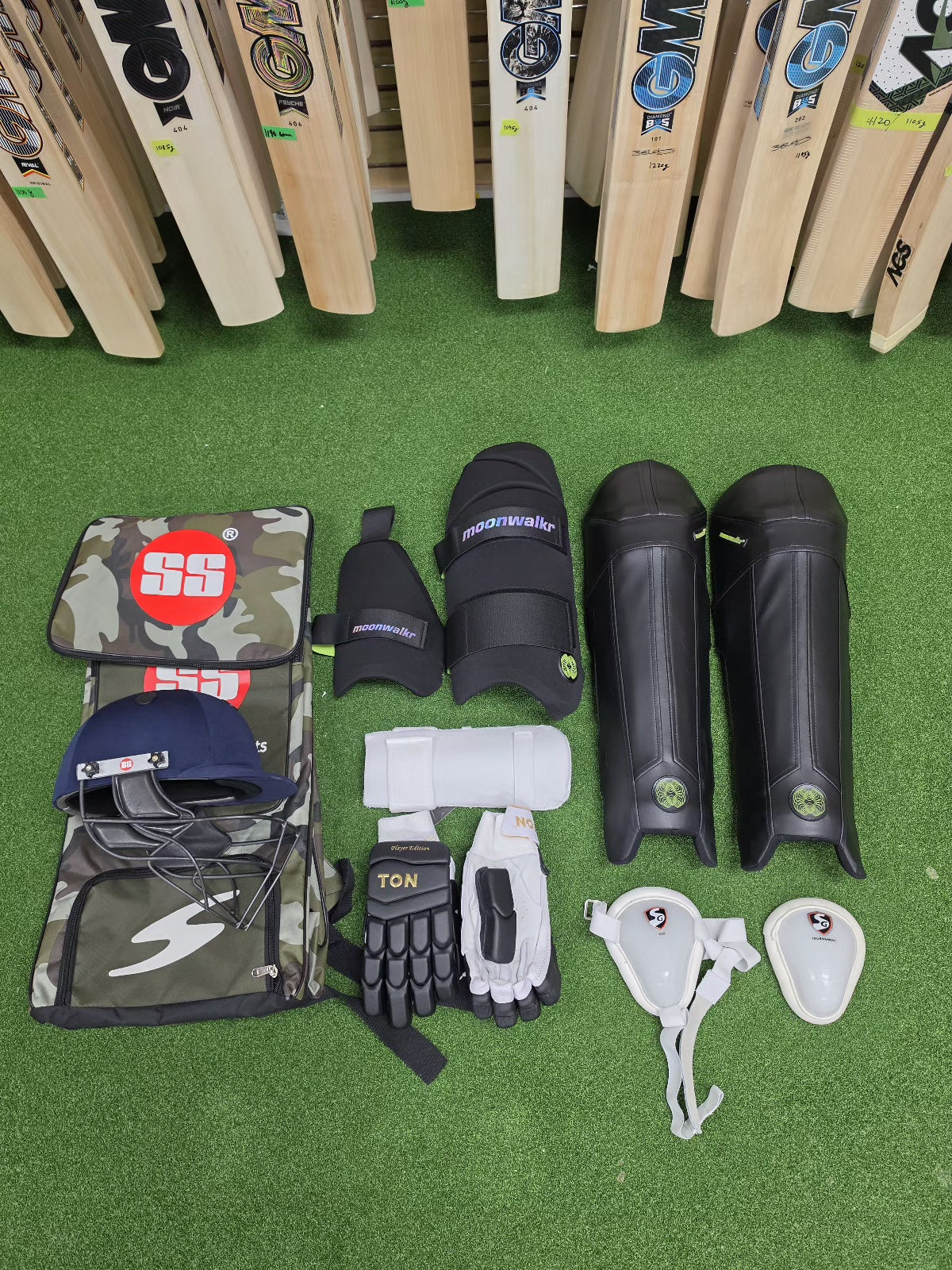 SS Moonwalkr full cricket kit in black for right-handed batsmen, featuring premium protective gear, batting pads, gloves, and helmet available at Alberta Cricket Store.