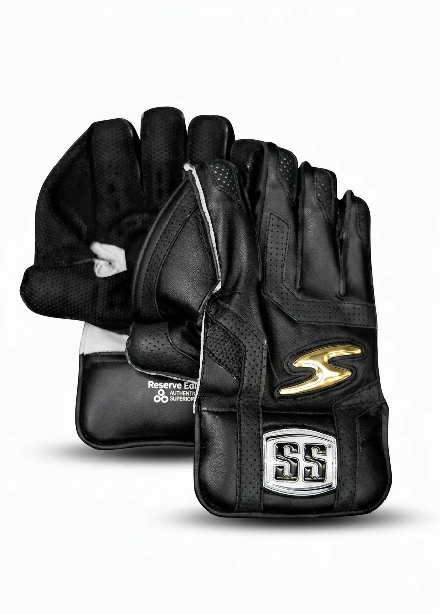 Pair of black SS Reserve Edition wicket keeping gloves showing palm and backhand.