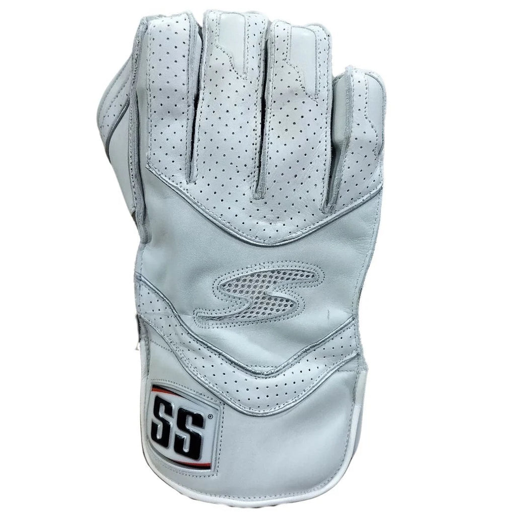 White SS Wicket Keeping Glove Reserve Edition showing perforated leather backhand and embossed SS logo cuff