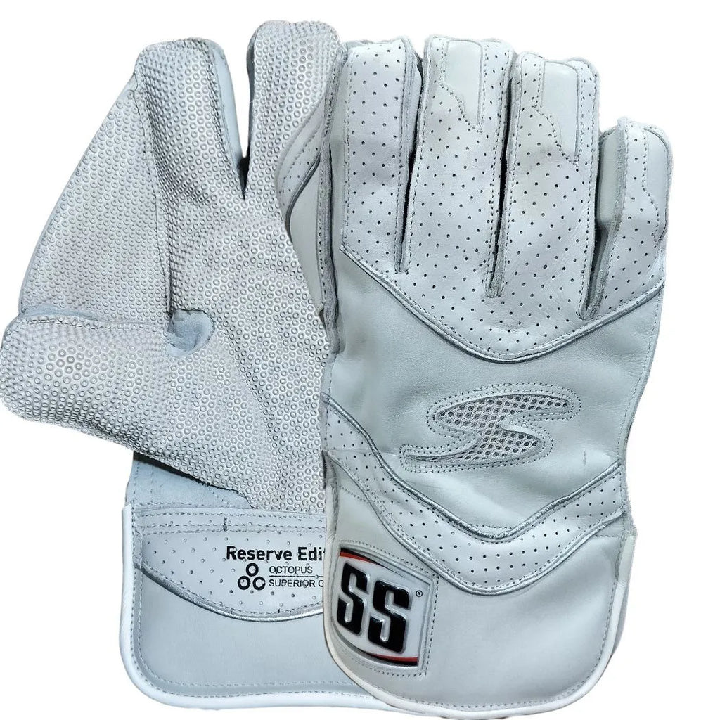 Pair of white SS Wicket Keeping Gloves Reserve Edition displaying both octopus rubber palm and perforated leather backhand