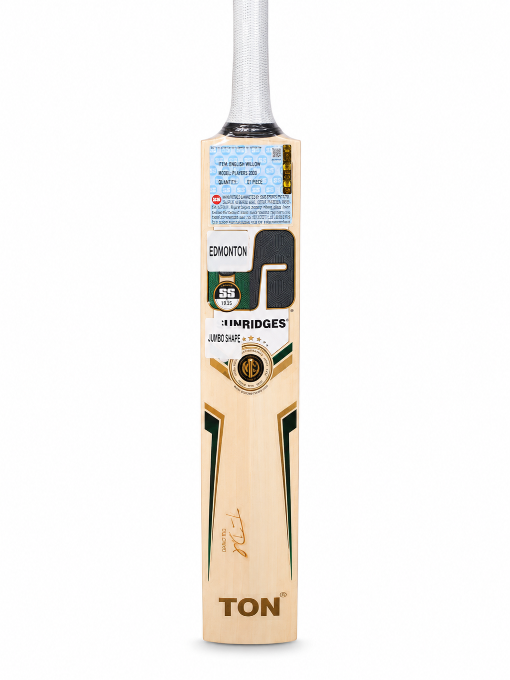 SS TON 2000 Tim David English Willow Cricket Bat - Short Handle (SH) - Side View