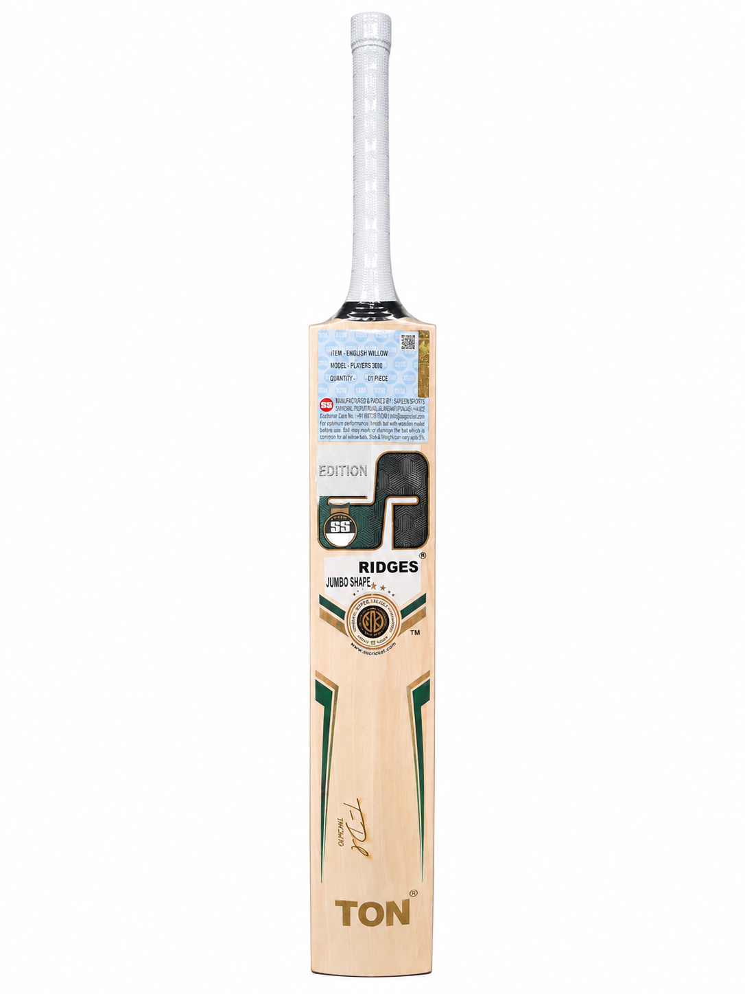 SS TON 3000 Tim David English Willow Cricket Bat - Short Handle (SH) - Side View