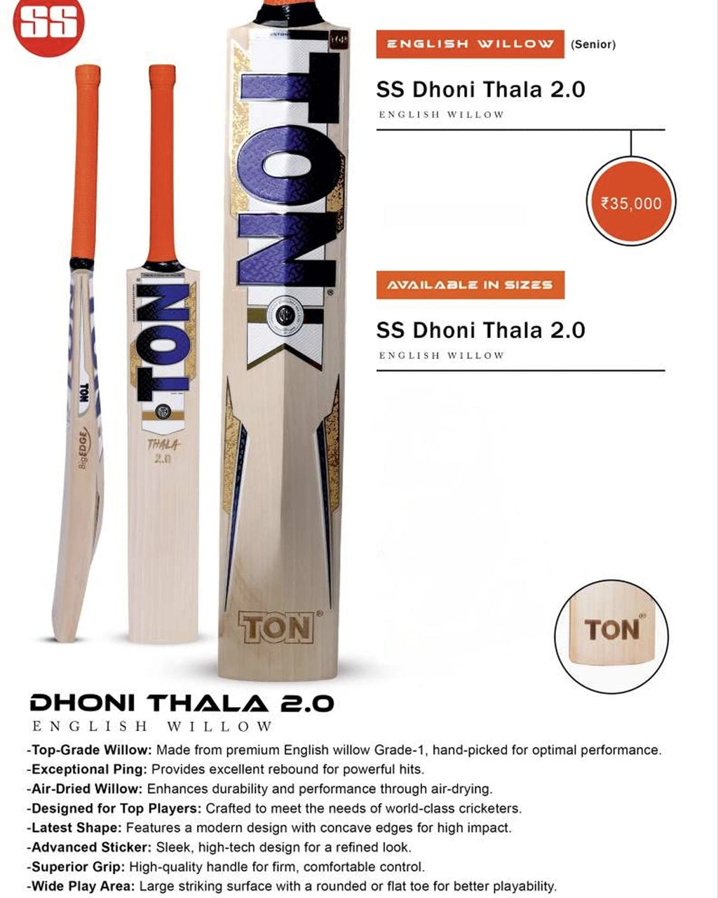 SS TON Dhoni Thala 2 0 English Willow Cricket Bat - Short Handle (SH) - Front View