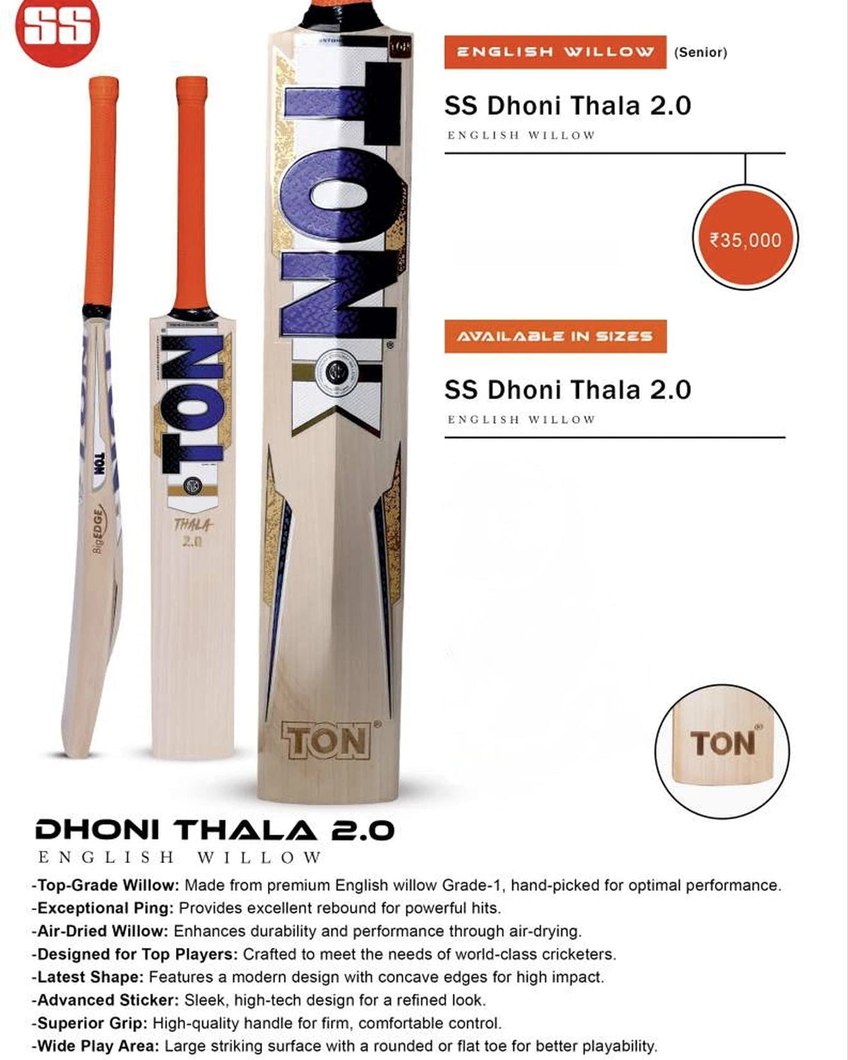 SS TON Dhoni Thala 2 0 English Willow Cricket Bat - Short Handle (SH) - Front View