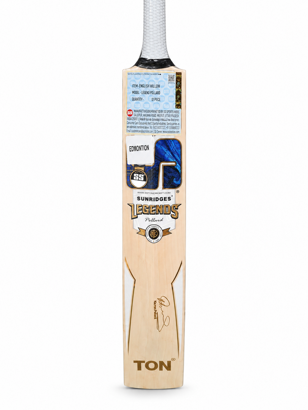 SS TON Legend Kieron Pollard English Willow Cricket Bat - Short Handle (SH) - Back View