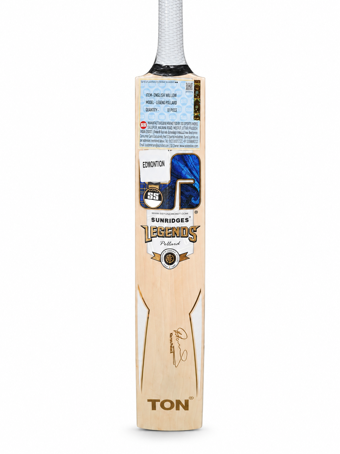 SS TON Legend Kieron Pollard English Willow Cricket Bat - Short Handle (SH) - Back View