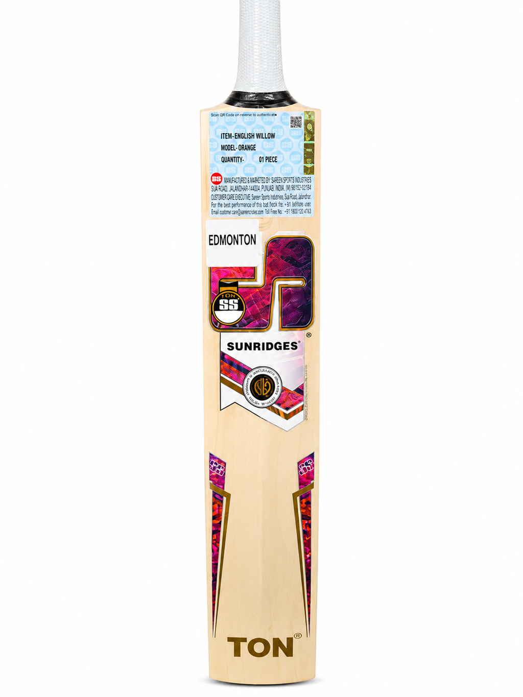 SS TON Orange English Willow Cricket Bat - Short Handle (SH) - Side View