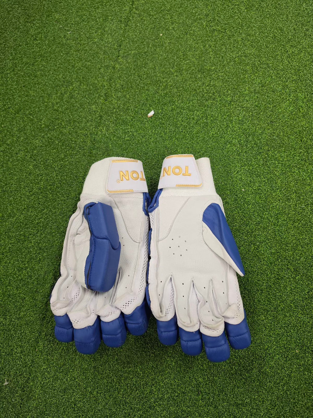Premium SS Ton Player Edition blue and white cricket batting gloves for RHB and LHB at Alberta Cricket Store Canada.