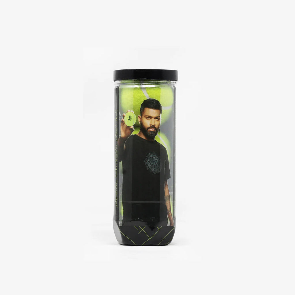 A transparent cylindrical three-pack container of fluorescent yellow SG Club Lite cricket tennis balls featuring a graphic of Hardik Pandya on the label.