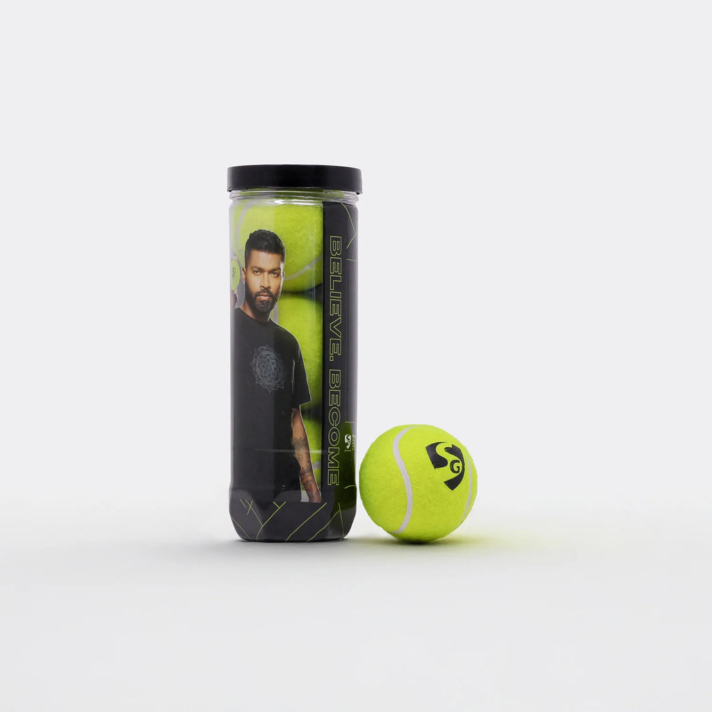 An SG Club Lite cricket tennis ball standing next to its transparent three-pack storage container on a white background.